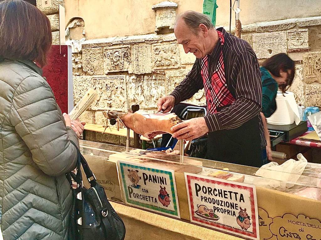 Weekly market in Chiusi Città historic centre in Tuscany