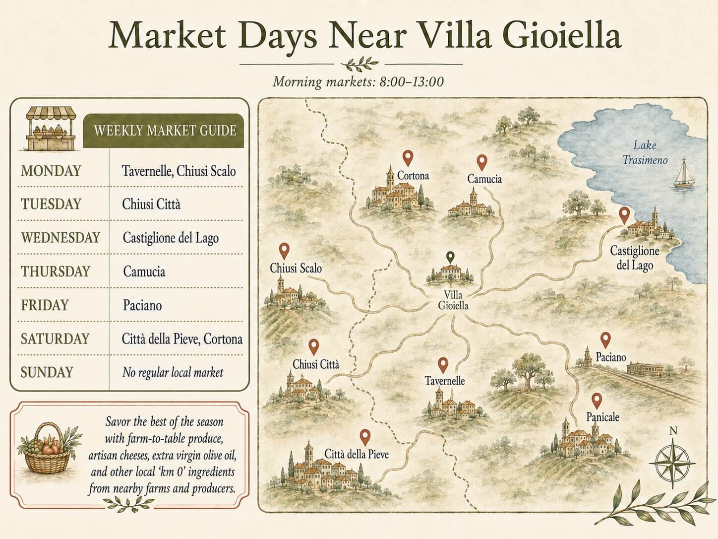Map and weekly market day guide for towns near Villa Gioiella on the Umbria–Tuscany border