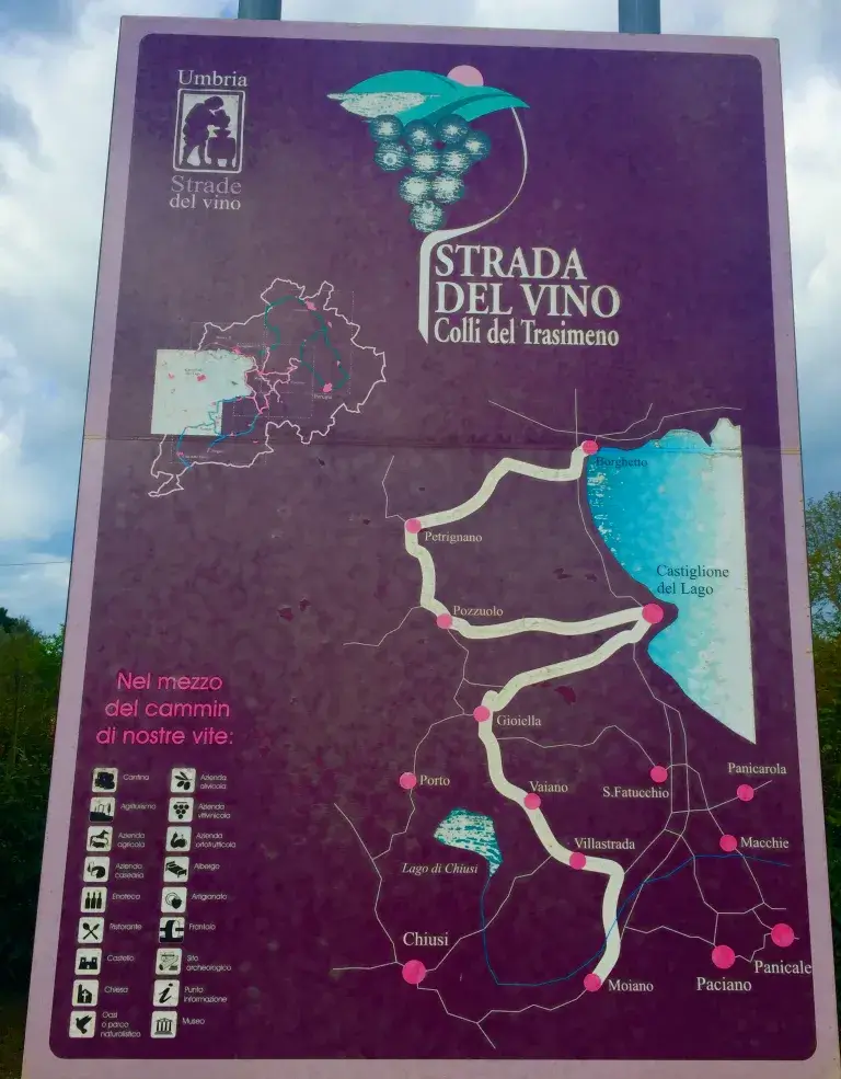 Faded roadside signs marking the wine route, almost as an after-thought.