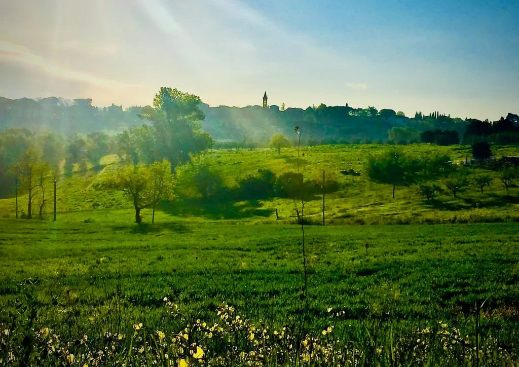 Rolling green hills and farmland near Gioiella on the Umbria and Tuscany border