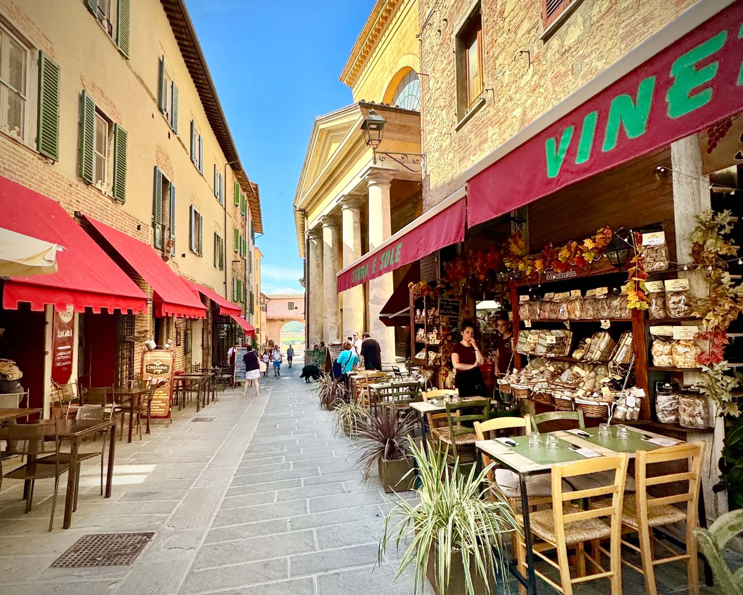 Shops along a street in the historic centre of Castiglione del Lago, Umbria