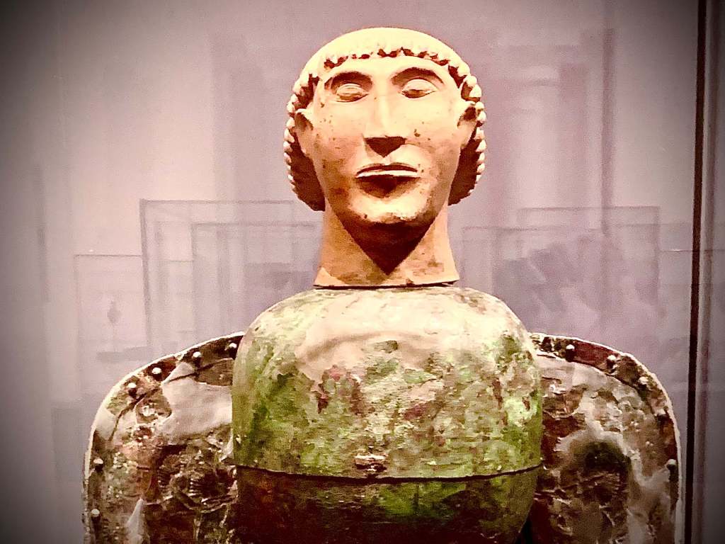 Etruscan funerary urn from Chiusi, decorated and used to hold cremated remains, illustrating spiritual and ritual practices of ancient Etruria.