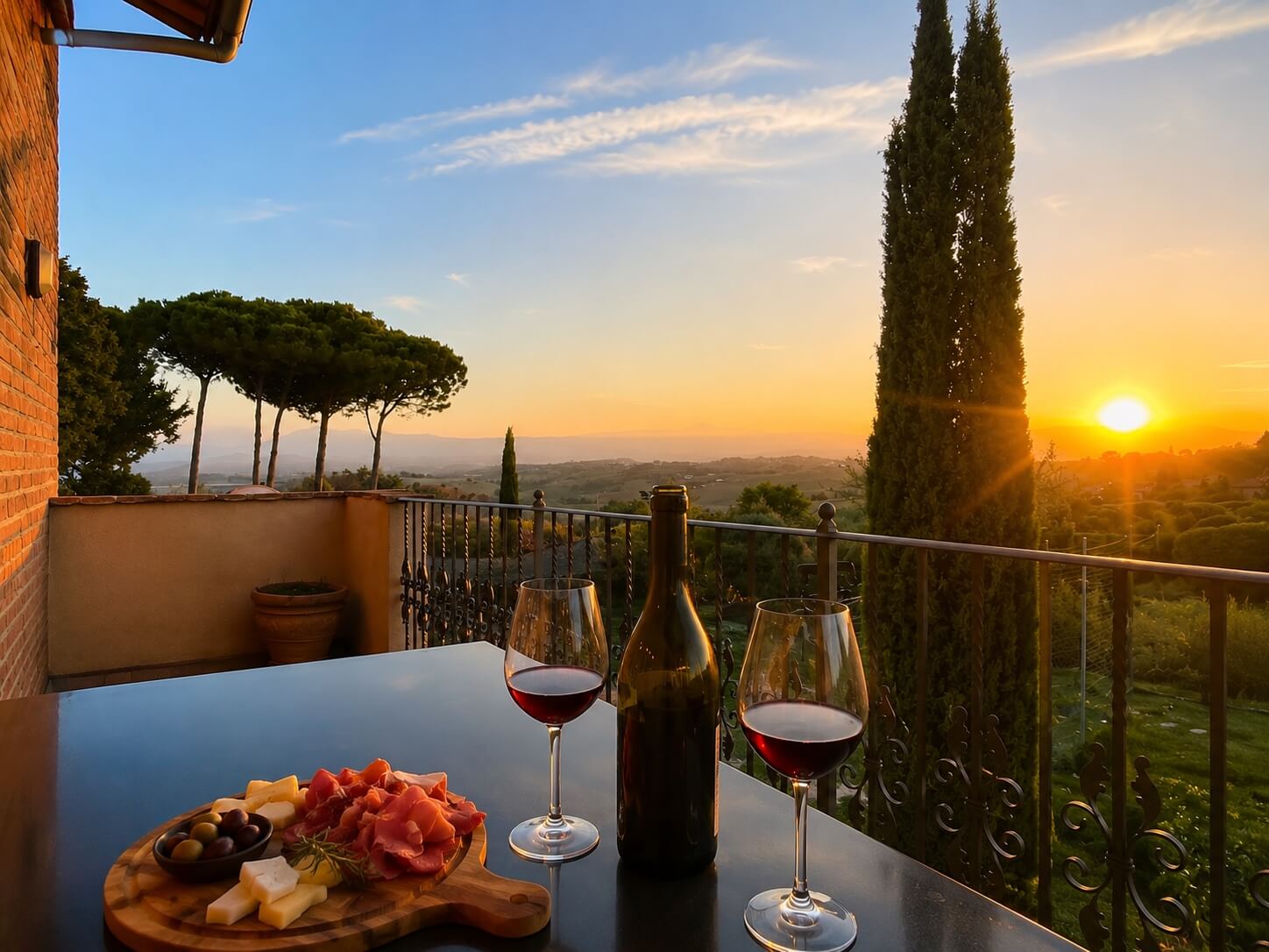 Guests enjoying a sunset aperitivo with local wine on the terrace at Villa Gioiella, overlooking the rolling hills between Tuscany and Umbria